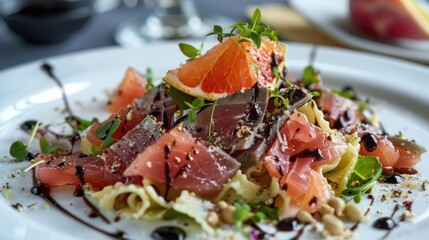 Poster - A Nicoise salad adorned with flaked tuna grapefruit and a balsamic glaze presented on a white plate alongside pasta ready to be enjoyed x000D