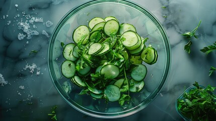 Poster - Flat lay Summer cucumber salad in a large glass mixing bowl