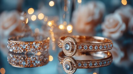Poster - Timeless gold jewelry set shimmering gemstones including an elegant locket and cuff bracelet placed delicately on a mirrored surface with soft lighting