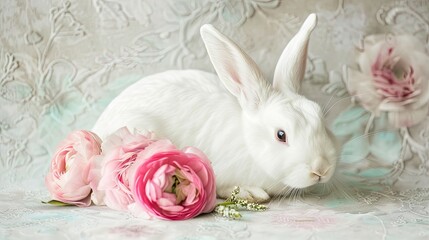 Poster - White bunny two delicate pink ranunculus flowers and a white postcard this image is perfect for use in greeting cards websites or social media posts celebrating the season