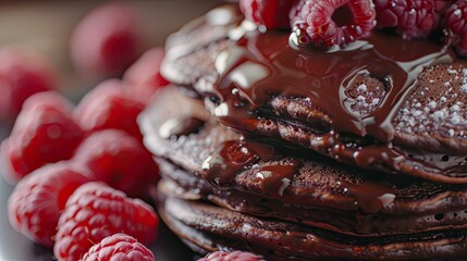 Aufkleber - Stack of chocolate pancakes served with raspberries closeup view