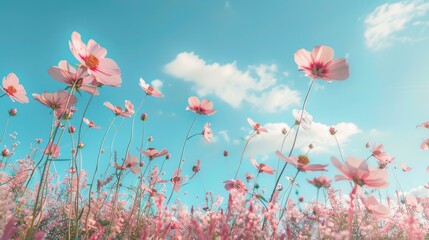 Aufkleber - Beautiful pink flowers on flower field with blue sky