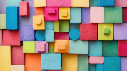 Poster - A whimsical block-building scene with a variety of colorful blocks, Blocks arranged in an imaginative pattern, Creative photographic style