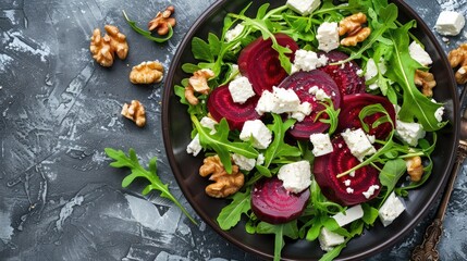 Poster - beetroot arugula feta cheese and walnut salad top view