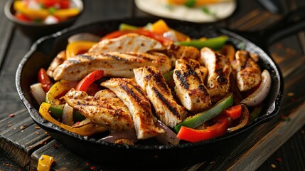 Aufkleber - chicken fajitas of fried chicken breast strips onion julienned green yellow and red bell peppers on skillet on dark wood table close up