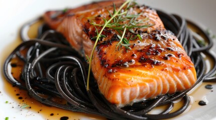 Poster - Italian salmon served over black spaghetti noodles