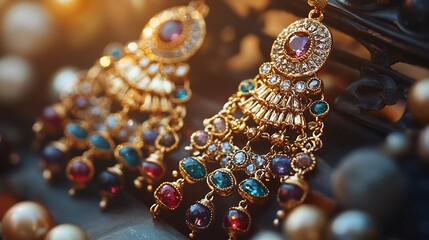 Poster - Vintage chandelier earrings ornate goldwork and gemstone accents displayed on a soft minimalistic surface emphasizing their timeless beauty