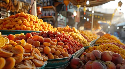 Poster - Colorful Market Stall with Dried Eastern Delicacies Apricots and Dried Peaches