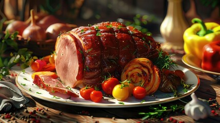 Aufkleber - Ham Steak Served with Fresh Vegetables