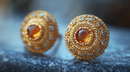 Fototapete - Vintage gold earrings fine filigree patterns lying on a sleek modern surface blending oldworld charm with a minimalist display