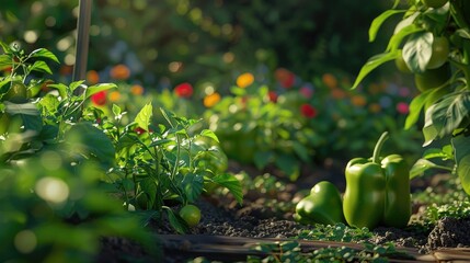 Poster - Self grown green peppers in a new garden
