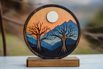 Small, hand-painted wooden circle with two dead trees and mountains in the background at sunset