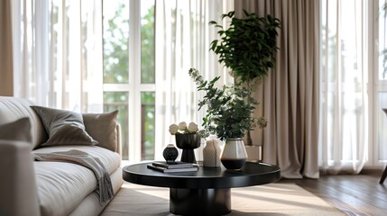 Poster - Classy and elegant living room with luxury beige sofa modern black coffee table and big window behind white curtains