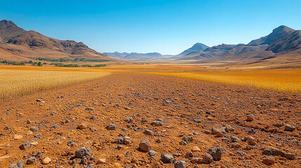 Vast and serene landscape a captivating view of arid mountains and golden plains under clear blue sky