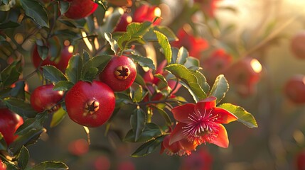 Aufkleber - Red pomegranate flowers on pomegranate blossoming tree in the garden