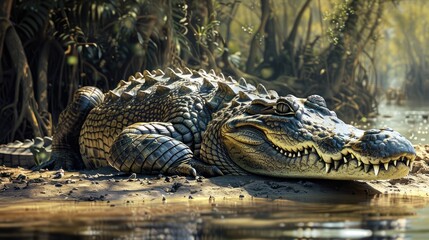 Poster - wildlife photo of crocodile resting beside the river