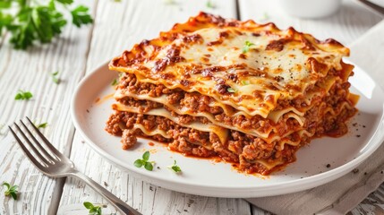 Poster - portion of lasagne al forno italian beef lasagna layered with ground beef marinara sauce pasta noodles and ricotta cheese on white plate with fork on white wood table