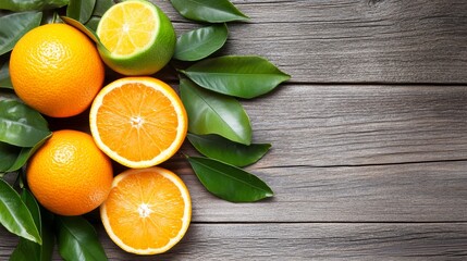 Wall Mural - Vibrant oranges with lush green leaves, a burst of freshness and flavor on rustic wooden table