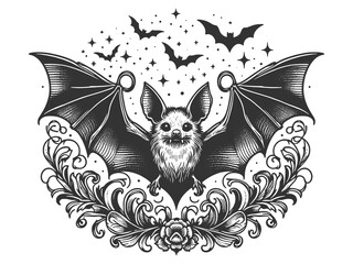 Wall Mural - bat with outstretched wings, surrounded by smaller bats and intricate floral elements, gothic style sketch engraving generative ai raster illustration. Scratch board imitation. Black and white image.