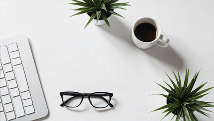 Blue desk office work supplies with cup of coffee. Top view with copy space for input the text. Designer workspace on desk table essential elements on flat lay No.0022