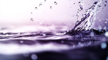  A tight shot of water splashing on a body of water's surface, accompanied by a purple-hued sky in the backdrop