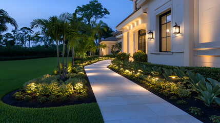 bright lighting showcasing landscape lights on the front walkway of an elegant home at night The path is lined with well-maintained landscaping and plants leading to the house's entrance 