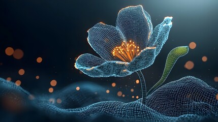 Poster - A mesmerizing digital artwork depicting a mesh flower blooming and evolving with glowing energy trails showcasing its dynamic growth stages in a captivating futuristic display