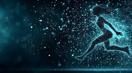 Fototapete - A person jumping high with a glowing mesh trail behind them creating a dynamic and futuristic visual effect  This image showcases energy motion and the intersection of technology and the human form