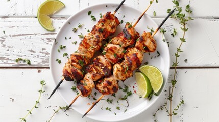 Poster - chicken souvlaki with thyme and lime wedges on white plate on white wooden table landscape view from above