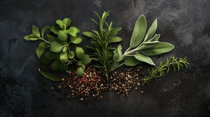 Poster - Oregano peppercorns rosemary sage herb Top view