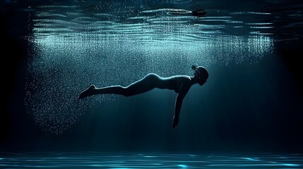 A person leaping into a swimming pool creating a splash as glowing mesh lines form dynamic rippling waves in the water capturing the energy and motion of the aquatic activity