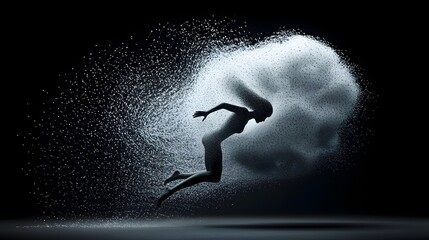 Fototapete - A person leaping into the air leaving a trail of glowing futuristic mesh behind them in a dynamic surreal and conceptual scene