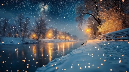Poster - A serene and mesmerizing scene of a frozen river reflecting the ethereal glow of distant stars in the night sky creating a captivating and otherworldly atmosphere