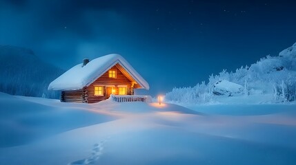Poster - A small cozy cabin surrounded by a blanket of snow illuminated by a soft glow against the dark starry sky of the polar night  This serene minimalist landscape captures the tranquil beauty of a remote
