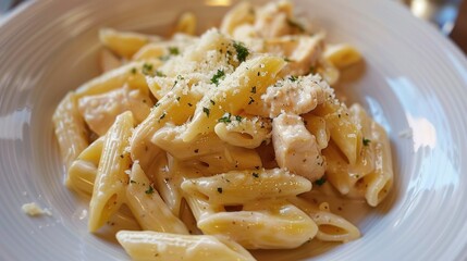 Poster - Chicken Alfredo penne creamy pasta wich parmesan cheese in a white plate