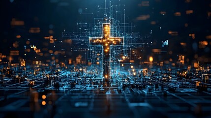 Leinwandbilder - A visually striking digital artwork featuring a glowing mesh cross with radiant lines tracing the intricate patterns of church windows creating a captivating and modern religious or spiritual design
