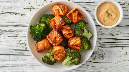 Poster - grilled salmon bites with steamed broccoli florets in white bowl on white wood table with sriracha mayo bang bang sauce vertical view from above flat lay