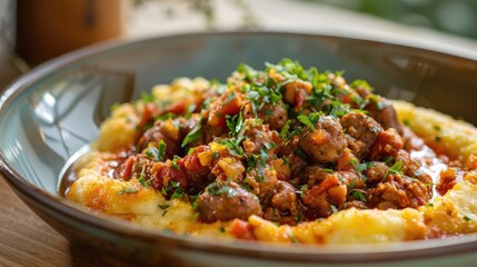 Poster - Polenta with sausage ragout in bowl