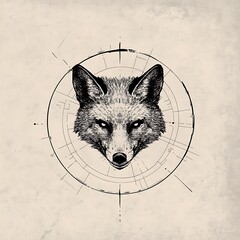 Poster - A detailed black and white illustration of a fox's head within a geometric circle on a textured background.
