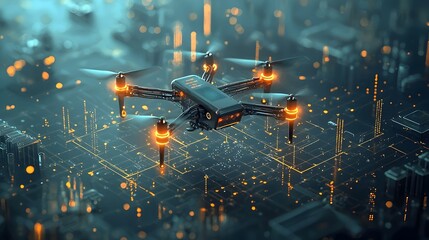 Aufkleber - Aerial drone capturing an industrial zone with glowing mesh data streams symbolizing advanced monitoring analytics and automation in the modern smart factory and manufacturing environment
