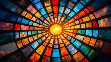 Aufkleber - Abstract mesh patterns showcasing the intricate symmetry and geometric beauty of stained glass window designs  Colorful vibrant and visually captivating digital artwork