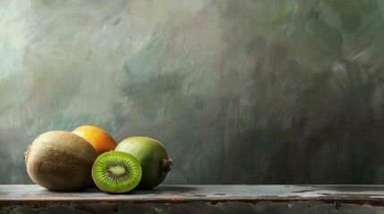Poster - Three Varieties of Kiwi Fruit on a Table Horizontal with Copy Space