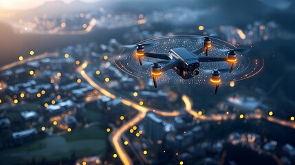 Leinwandbilder - Aerial view of a drone s glowing mesh lines trailing through the night sky over a contemporary neighborhood creating a futuristic technology driven urban scene