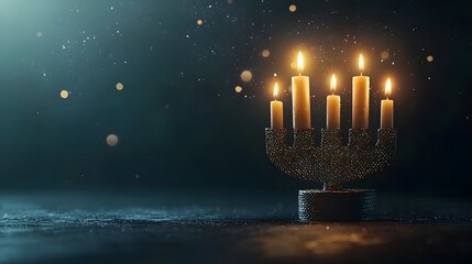 Poster - Beautifully crafted glowing mesh menorah with soft lighting outlining each individual candle flame creating a serene and spiritual atmosphere for a festive Hanukkah or Jewish holiday tradition