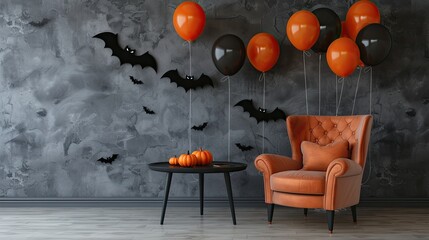 Armchair table Halloween balloons and bats hanging on grey wall in room