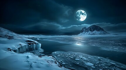 Poster - Breathtaking Arctic landscape with an icy shoreline bathed in the ethereal glow of moonlight during a serene polar night  The calm mirror like waters reflect the surreal dreamlike scene