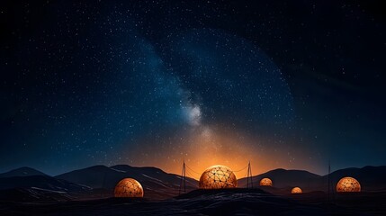 Poster - Breathtaking digital of a glowing intricate mesh network of radiant stars suspended over a captivating dreamlike night landscape  Abstract cosmic and futuristic design