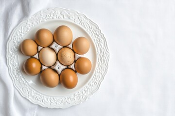 Farm-to-table eggs in a high-end restaurant dish on solid white background