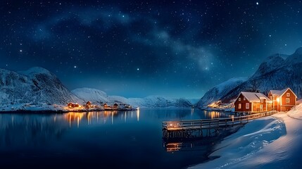 Poster - Breathtaking scene of a frozen fjord with stars reflecting off the still icy waters under a captivating polar night sky in a remote mountainous landscape
