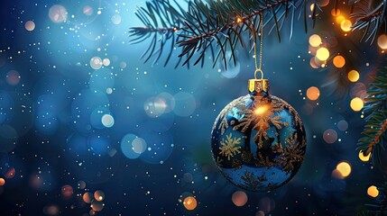 Aufkleber - Christmas Tree In Ball Hanging Fir Branch With Golden Glittering On Blue Abstract Night